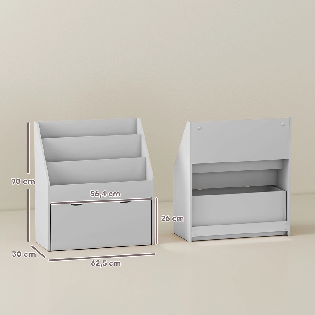 Estante infantil com vários compartimentos, com 3 níveis de prateleiras e uma gaveta, 62,5 L x 30 L x 70 A cm, cinzenta