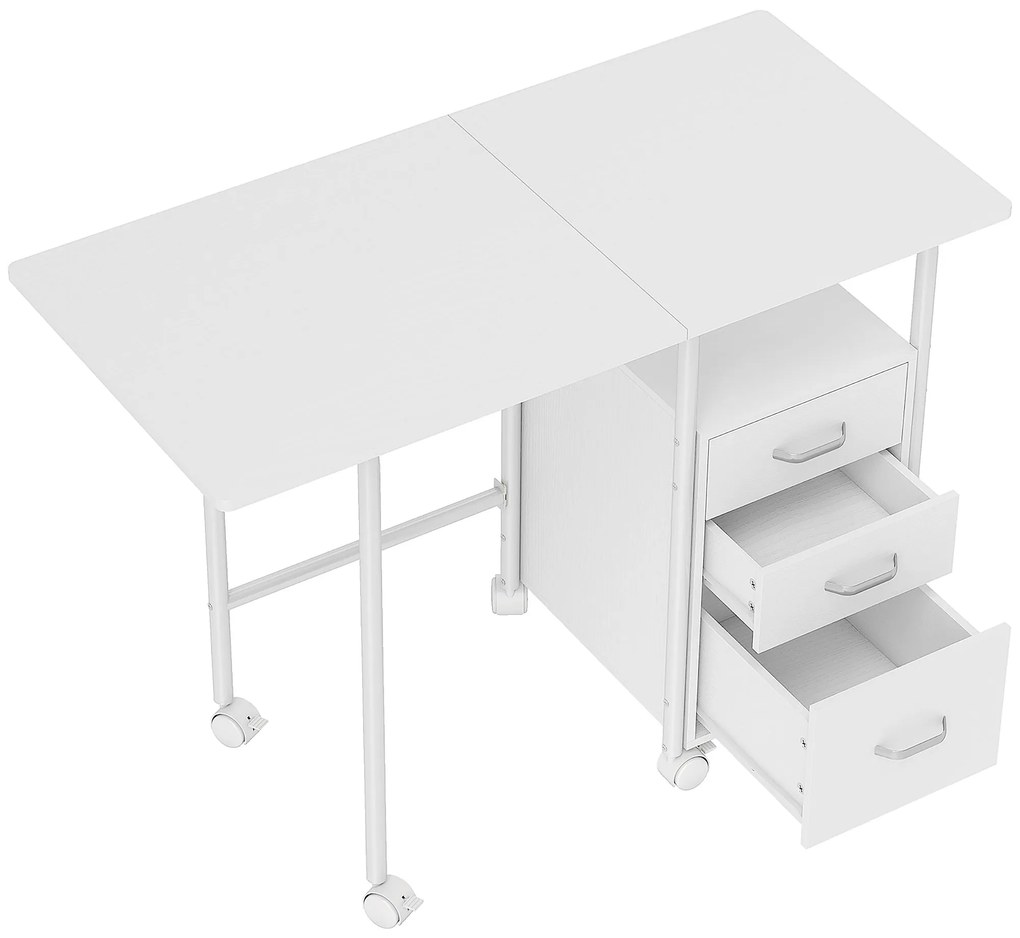 HOMCOM Secretária de computador dobrável com rodas, secretária com arrumação, 3 gavetas, tampo extensível, 105x51x75,5cm, branco | Aosom Portugal
