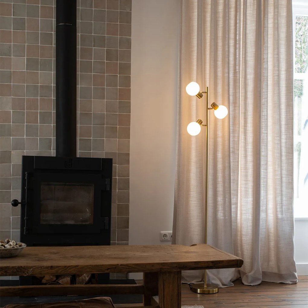 Candeeiro de pé dourado com vidro opalino 3-luzes ajustável - Anouk