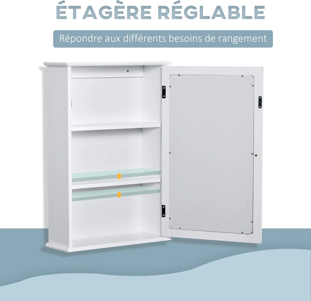Armário de parede para casa de banho com espelho 41 x 14 x 60 cm com1 porta, 2 prateleiras - MDF branco