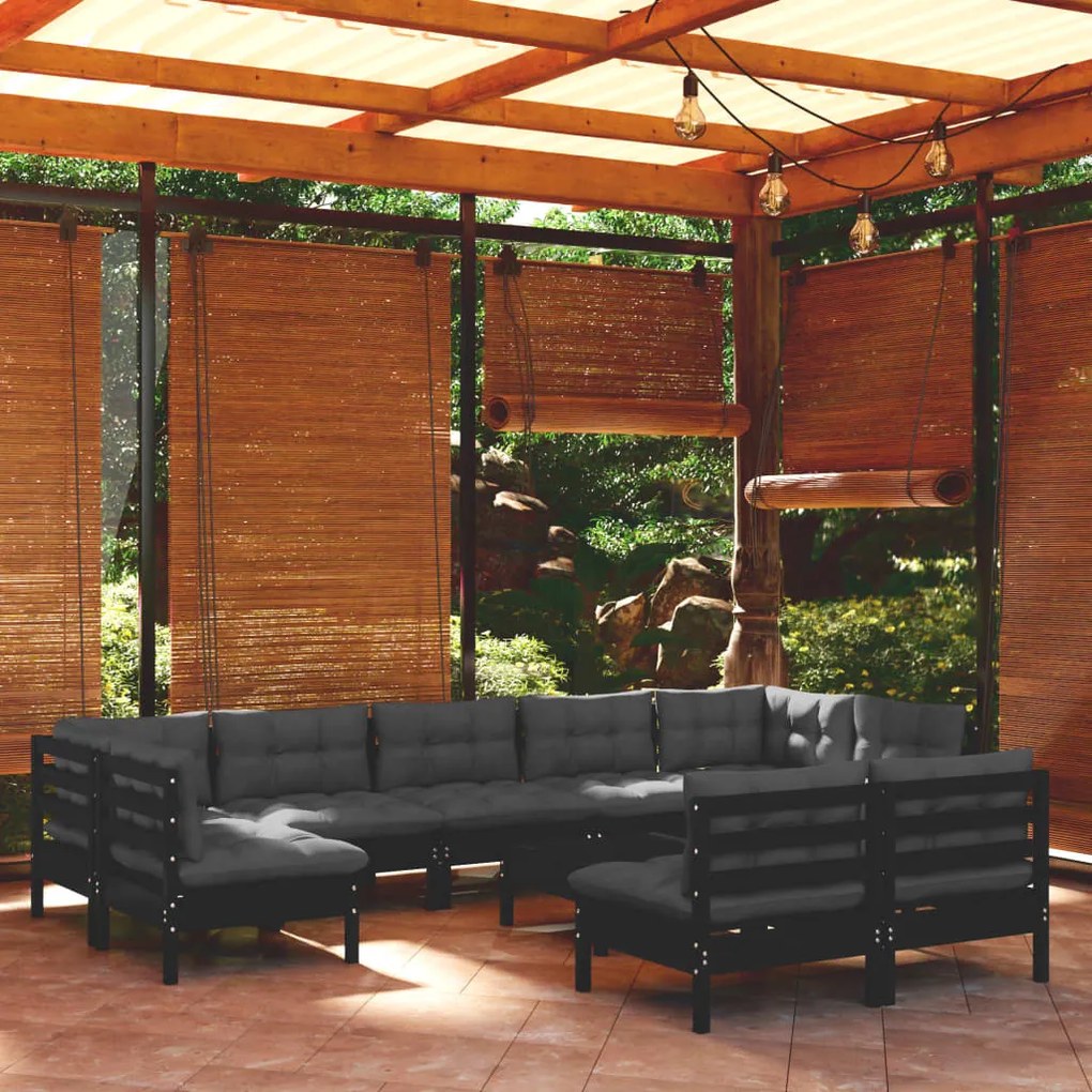 vidaXL 10 pcs conjunto lounge jardim c/ almofadões pinho maciço preto