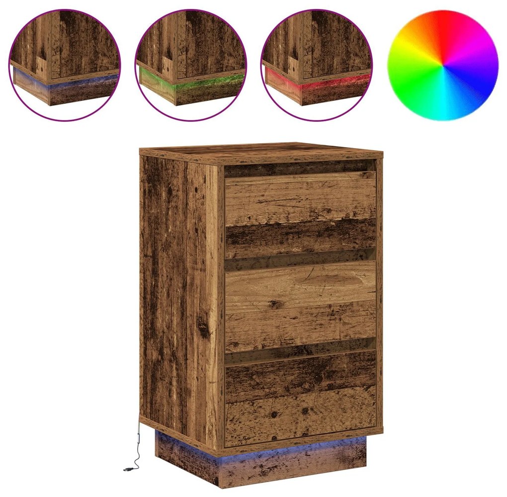 Mesa de Cabeceira com LED Madeira Velha 39x34,5x65 cm Madeira de Engen