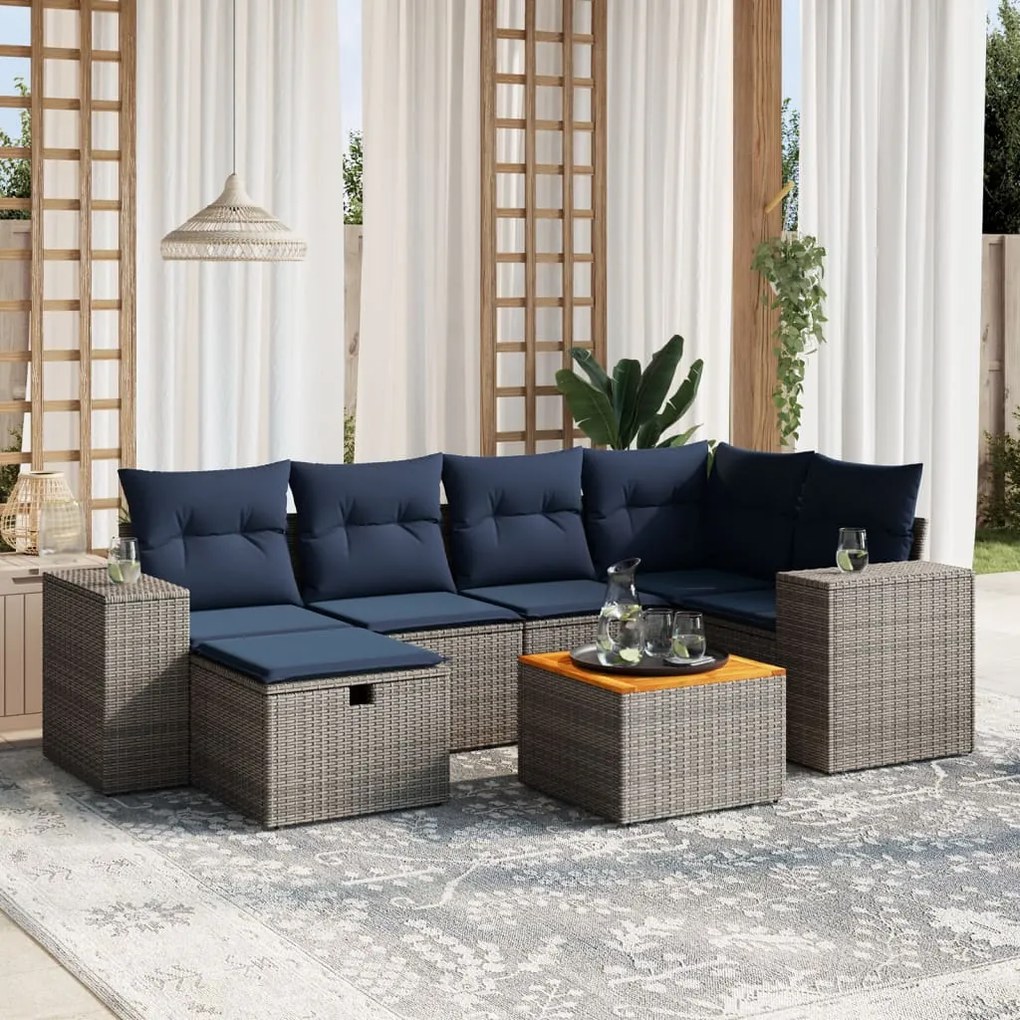 vidaXL 7 pcs conjunto sofás p/ jardim c/ almofadões vime PE cinzento