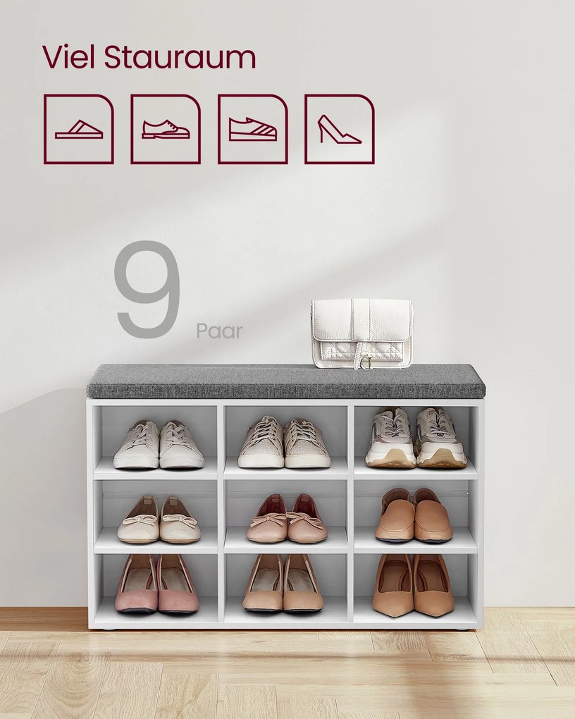 Banco spateira com almofadas e 9 compartimentos 30,3 x 78,5 x 48 cm Cinzento-branco
