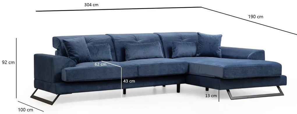 Sofá de Canto Frido – Azul Marinho – 304 cm x 190 cm