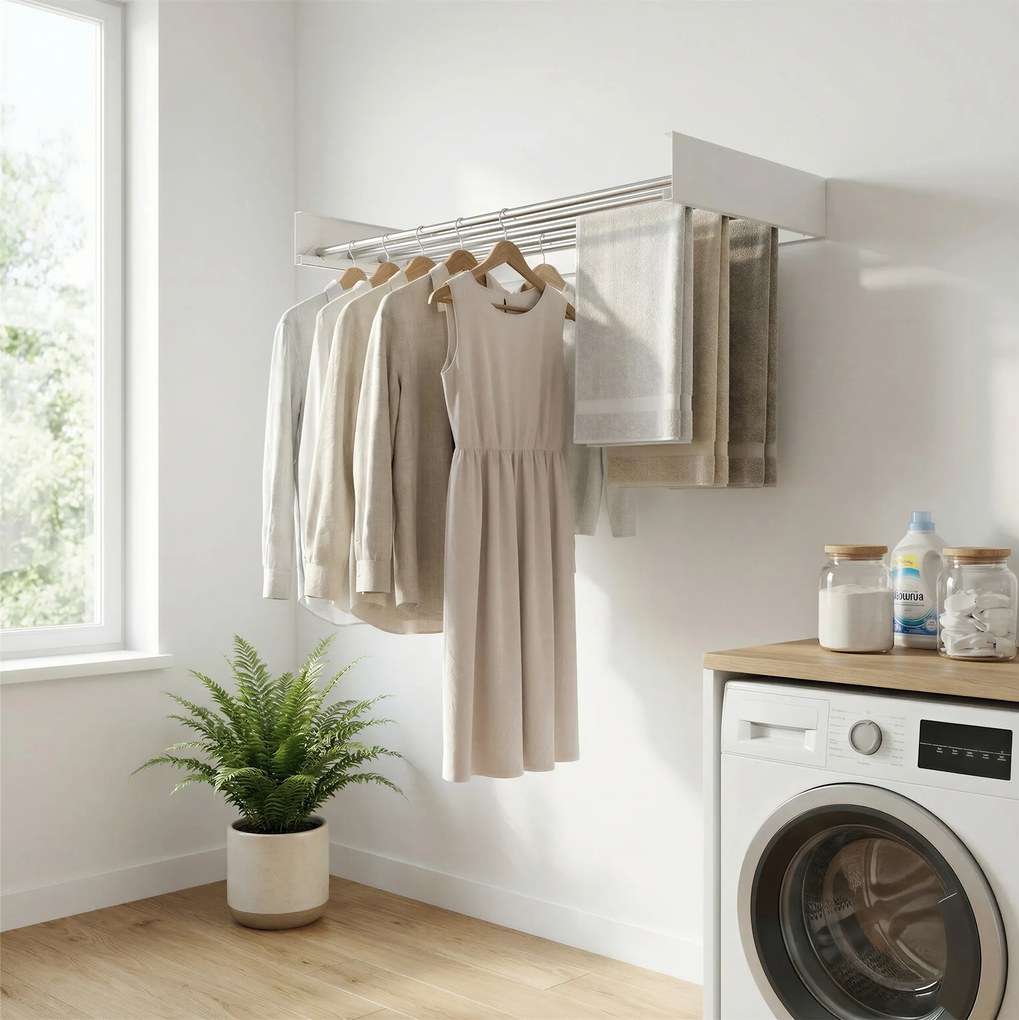 Estendal de roupa de parede extensível 100 x 50 x 10,5 cm, secador de roupa dobrável com 6 varas, que poupa espaço, para interior e exterior branco