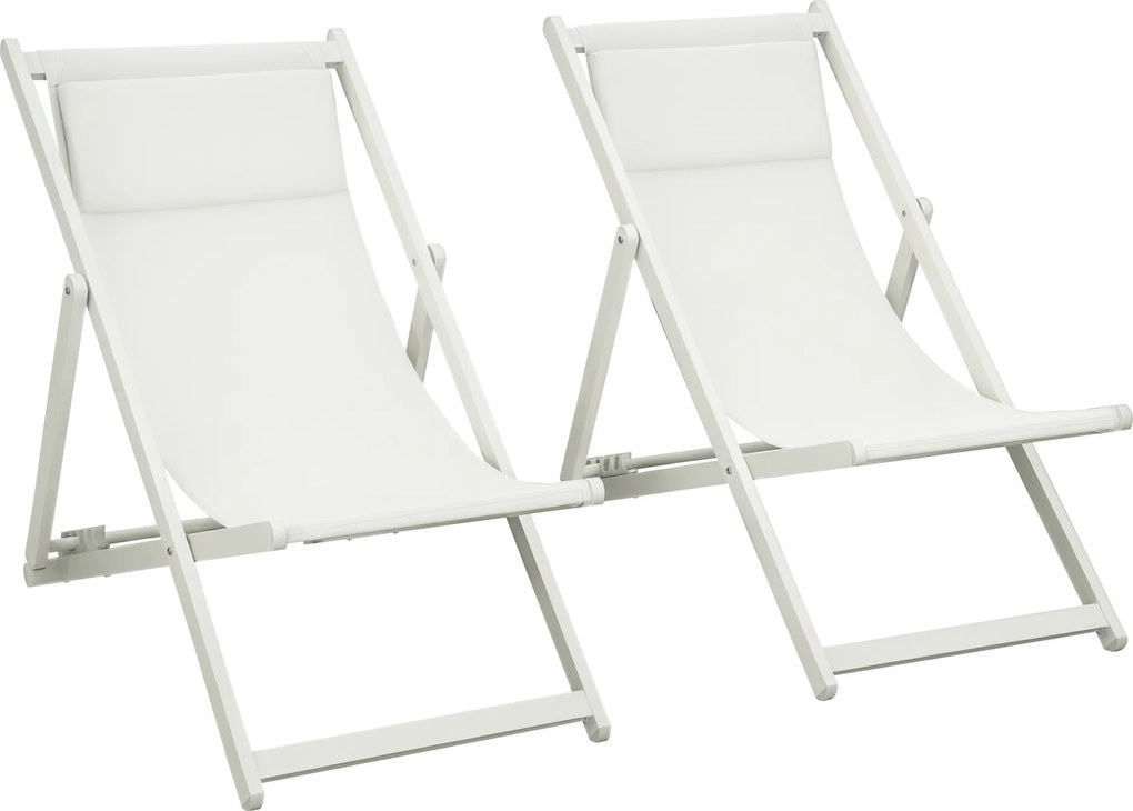 Outsunny Espreguiçadeiras Dobráveis Conjunto 2 Encosto Reclinável 5 Posições Apoio Cabeça Confortáveis Jardim Praia 58x96,5x91,5 cm Branco | Aosom Portugal