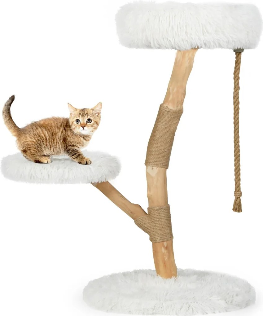 Árvore para gatos 50 x 90 cm com Centro de atividades para gatos em madeira maciça com postes para arranhar em juta natural Natural e branco