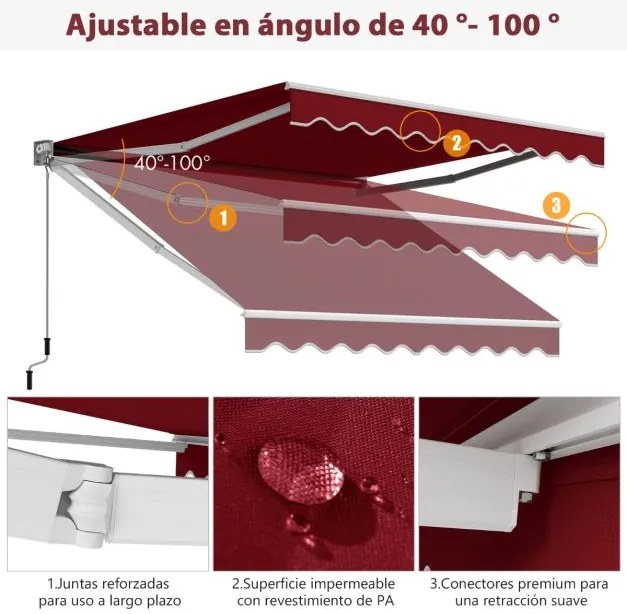 Toldo retrátil 295 x 250 cm com manivela manual para parede Porta Janela Vermelho