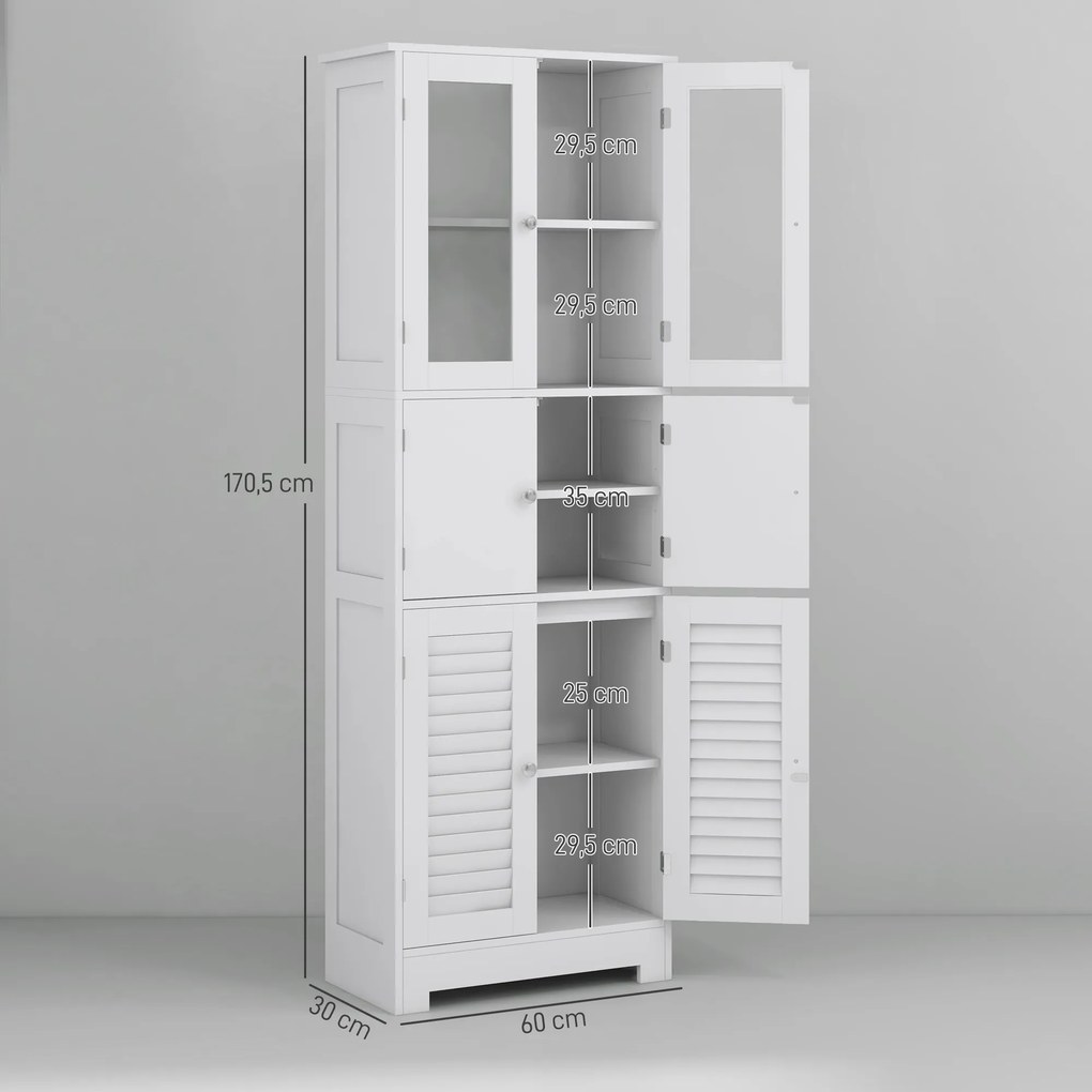 Móvel Auxiliar para Casa de Banho com 6 Portas Prateleiras Ajustáveis Anti-tombo 60x30x170,5 cm Branco