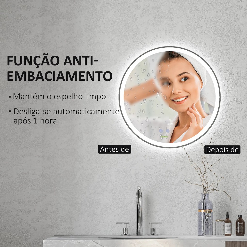 Espelho de Casa de Banho com Luzes LED Ajustáveis Ø60 cm com Função de Memória Anti-embaciamento e Interrutor Tátil Prata