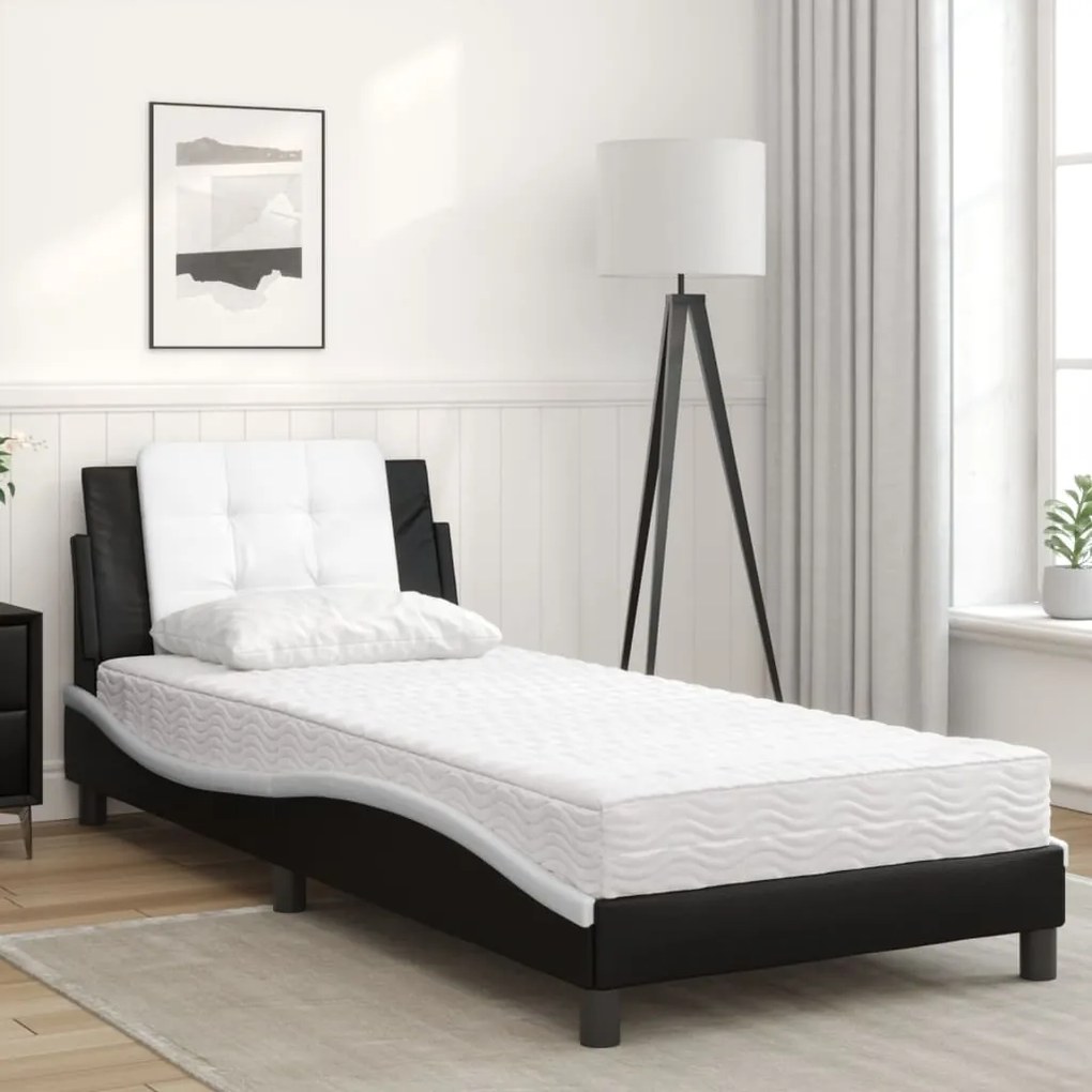 Cama com colchão 90x190 cm couro artificial preto e branco