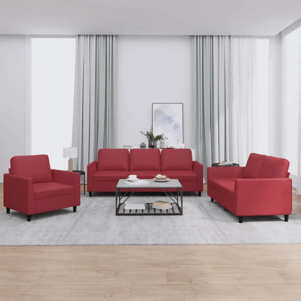 3201743 vidaXL 3 pcs conjunto sofás c/ almofadões couro artif. vermelho tinto