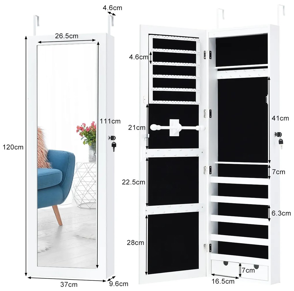 Espelho Guarda Jóias com Chave e Luz LED e Organizador de Maquilhagem com Espelho 37 x 9,6 x 120 cm Branco