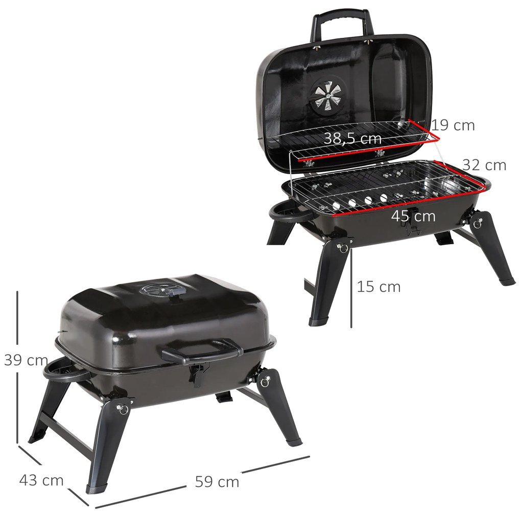Outsunny Barbecue a Carvão Portátil Barbecue a Carvão de Mesa Compacta para Jardim Exterior Campismo 59x43x39 cm Preto