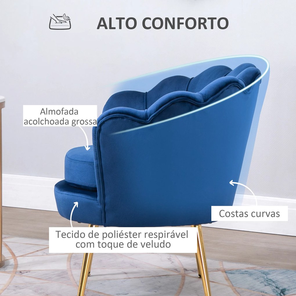 Poltrona Estofada em Veludo Poltrona para Quarto com Encosto em Forma de Concha e Pernas Douradas 76x67x74 cm Azul