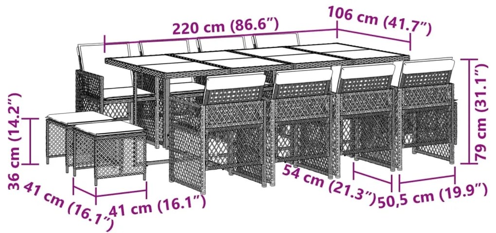 13 pcs conjunto de jantar p/jardim com almofadões vime PE preto
