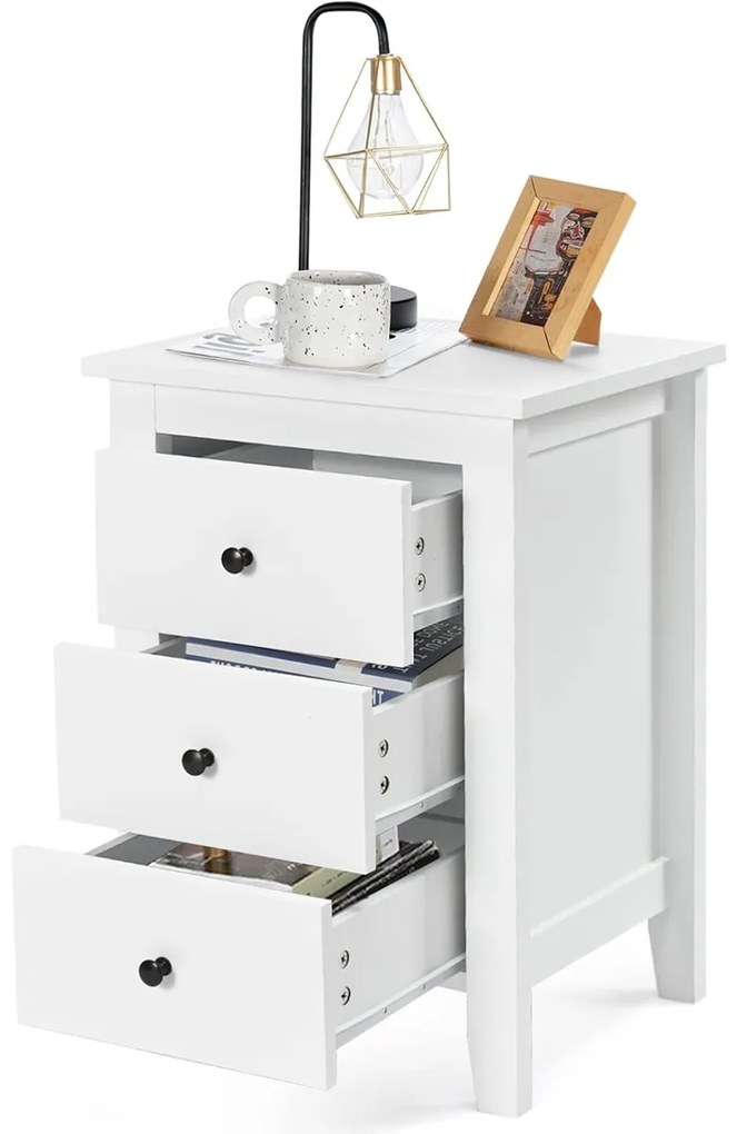 Mesa de cabeceira em madeira com 3 gavetas resistentes e espaçosas, estilo moderno, 46 x 37 x 65 cm, branca