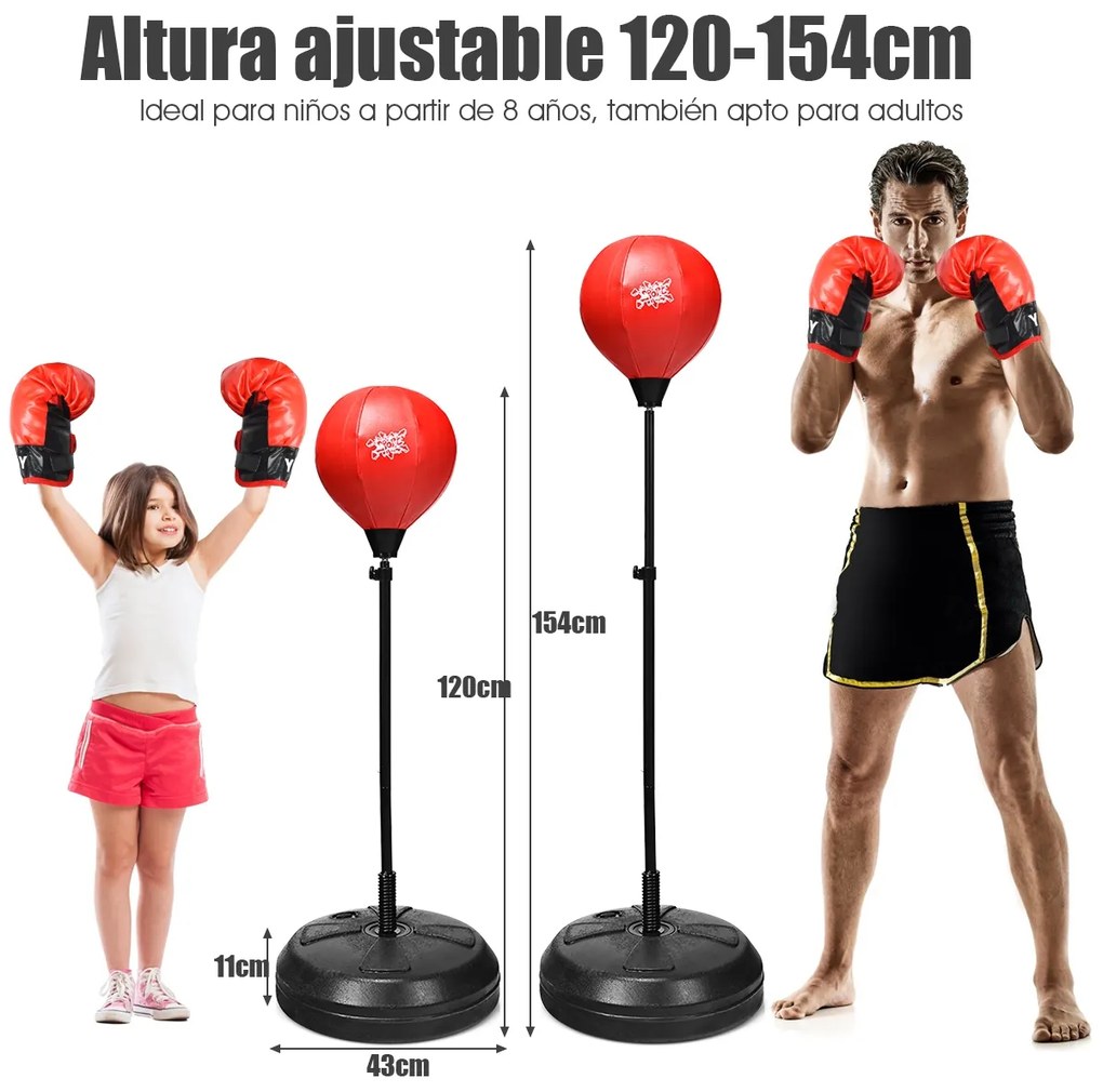 Bola de Boxe com Base Regulável em Altura Bomba Manual e Luvas de Boxe para Crianças Adultas 8+  43 x 11 x 120-154 cm Preto e Vermelho