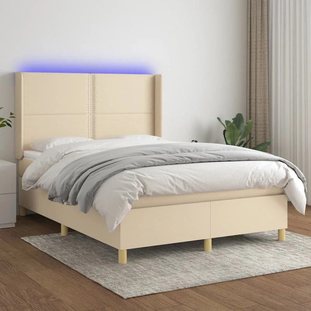 Cama box spring c/ colchão e LED 140x200 cm tecido cor creme