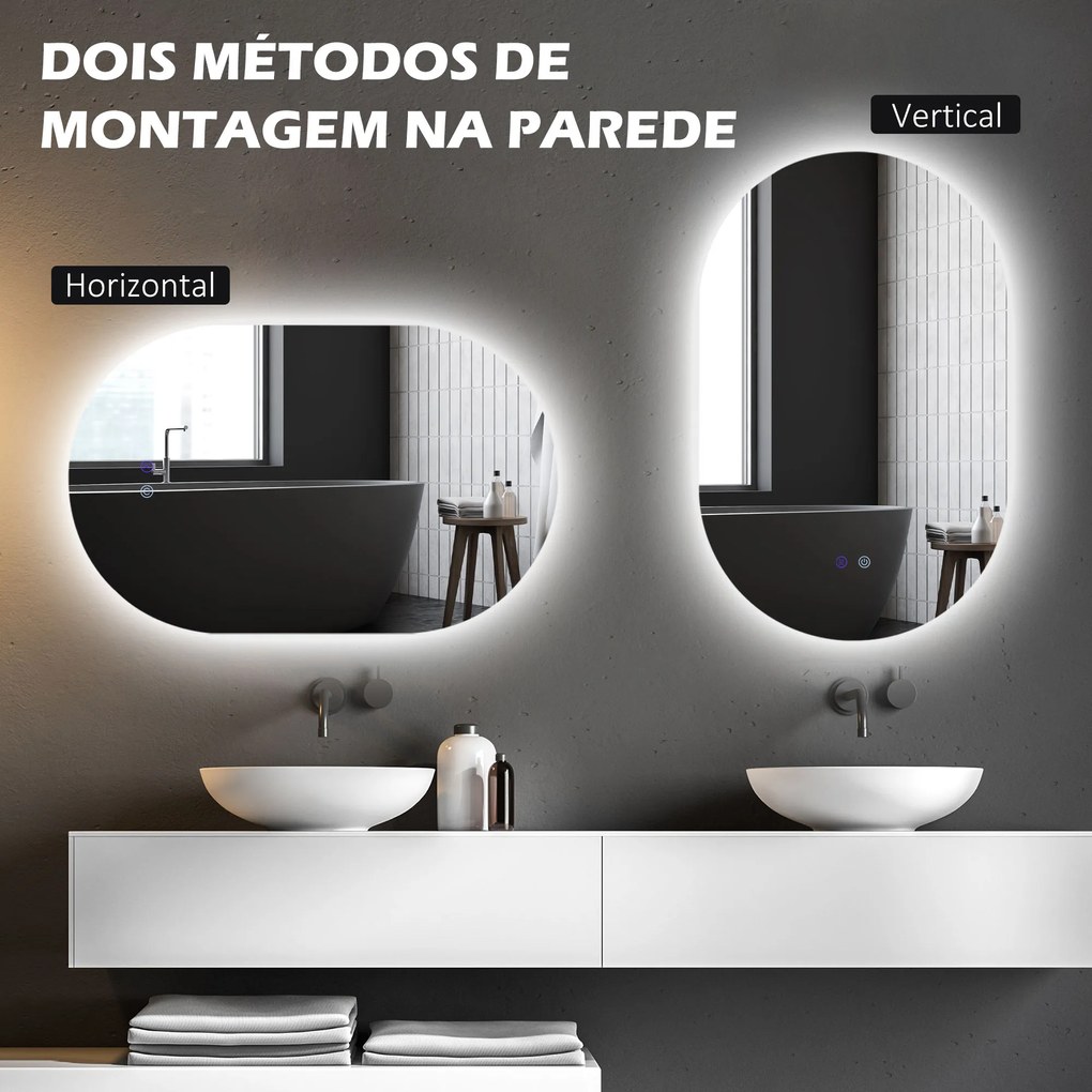 kleankin Espelho Casa de Banho com Luzes LED 81x51 cm Espelho de Parede com 3 Cores Ajustáveis Função Antiembaciamento Interruptor Tátil Horizontal ou Vertical Prata