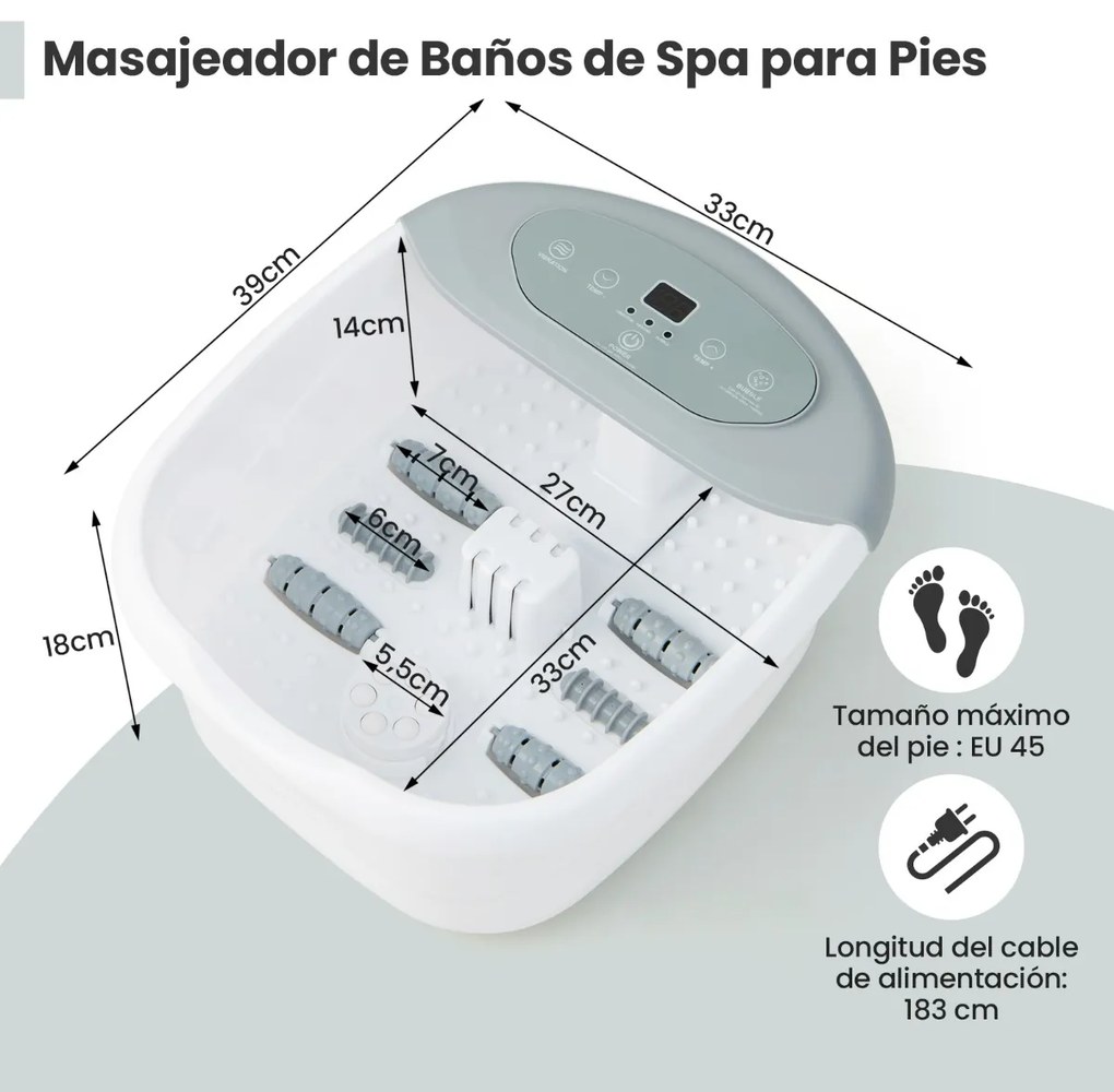 Massajador de banho para pés com pedra de massagem amovível e pérolas Footbath para pés com bolhas e vibração 33 x 39 x 18 cm Cinzento
