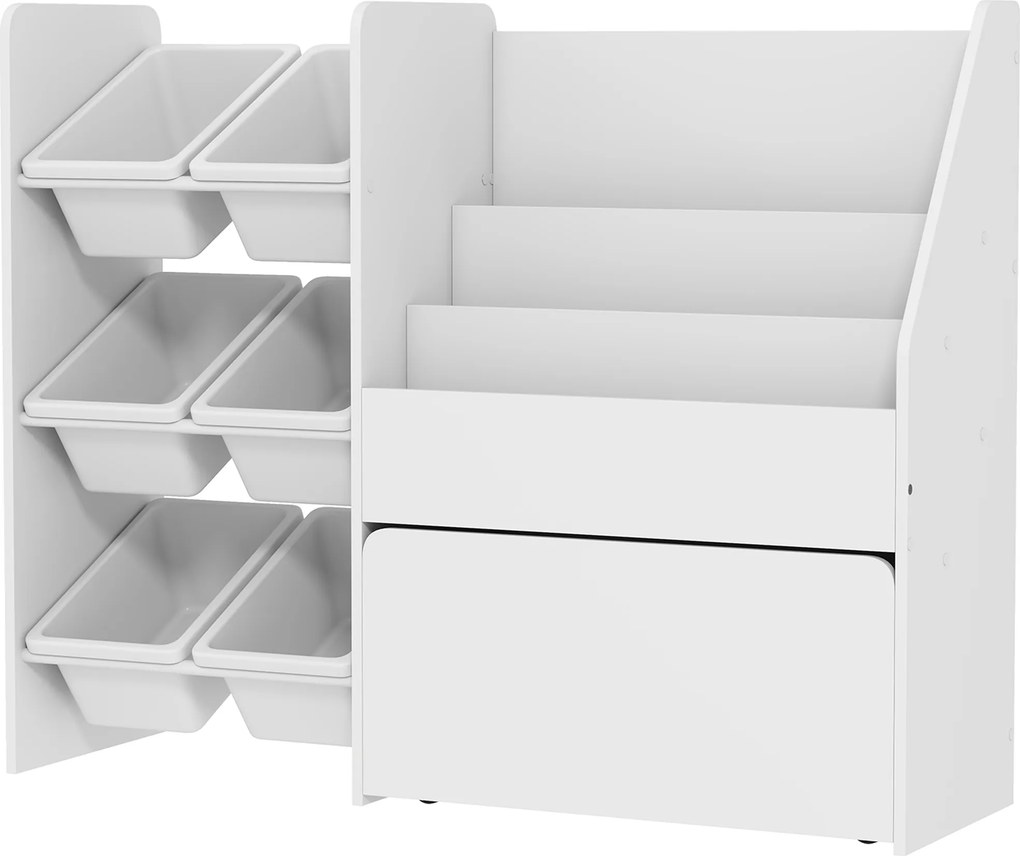 Estante Infantil para Brinquedos com 6 Caixas Removíveis 3 Prateleiras Abertas e Gaveta Inferior com Rodas 100x30x80 cm Branco