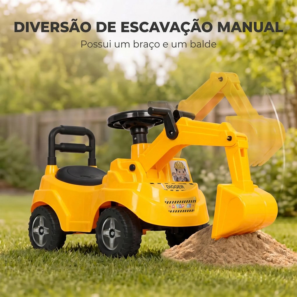 Escavadora sem Pedais para Crianças 1-3 Anos com Buzina de Ar Braço Escavador e Arrumação 15 kg Amarelo