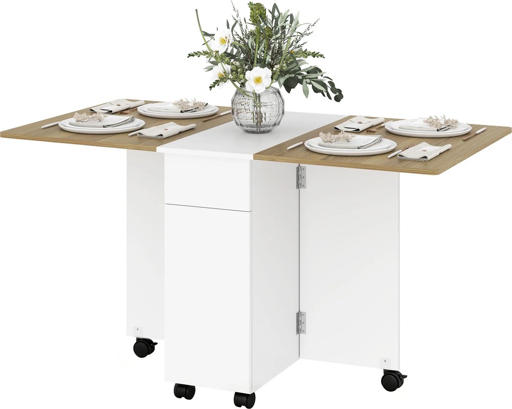 Mesa de jantar dobrável para 6 pessoas 140 x 76 x 74 cm (CADEIRAS NÃO INCLUIDAS), mesa de cozinha com Rodas, 2 gavetas e 2 armários, branca e castanha