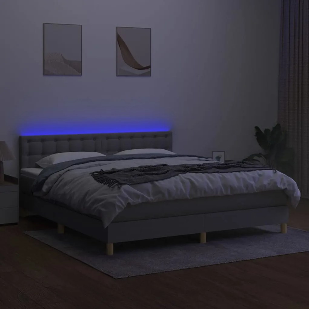 Cama box spring c/ colchão e LED 180x200 cm tecido cinza-claro