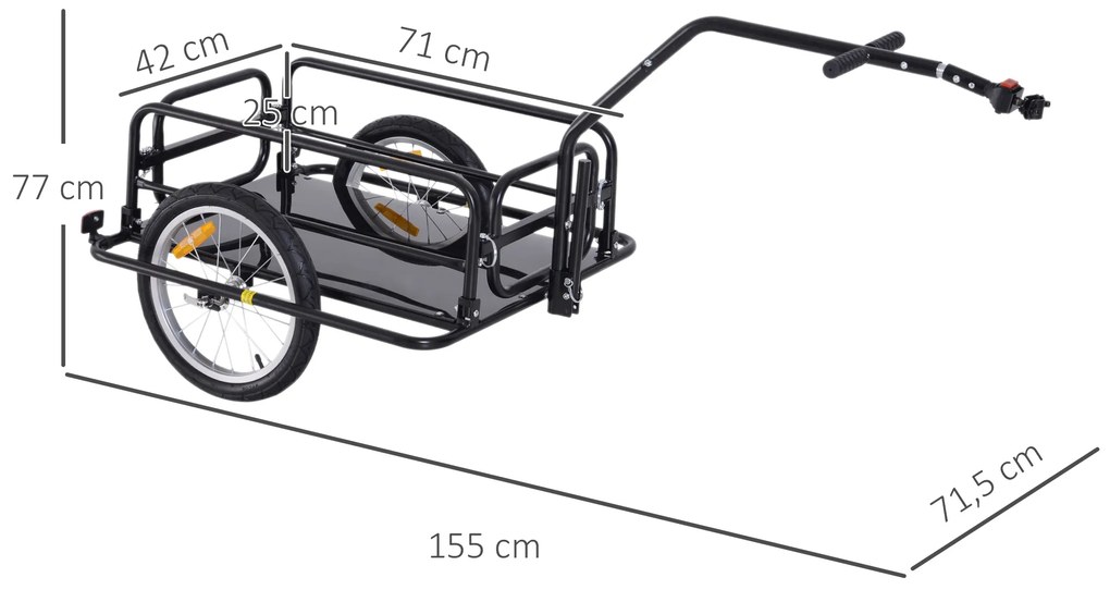 Reboque de Carga para Bicicleta Carrinho Dobrável para Bicicleta com 2 Rodas Refletores Carga 40 kg 155x71,5x77 cm Preto