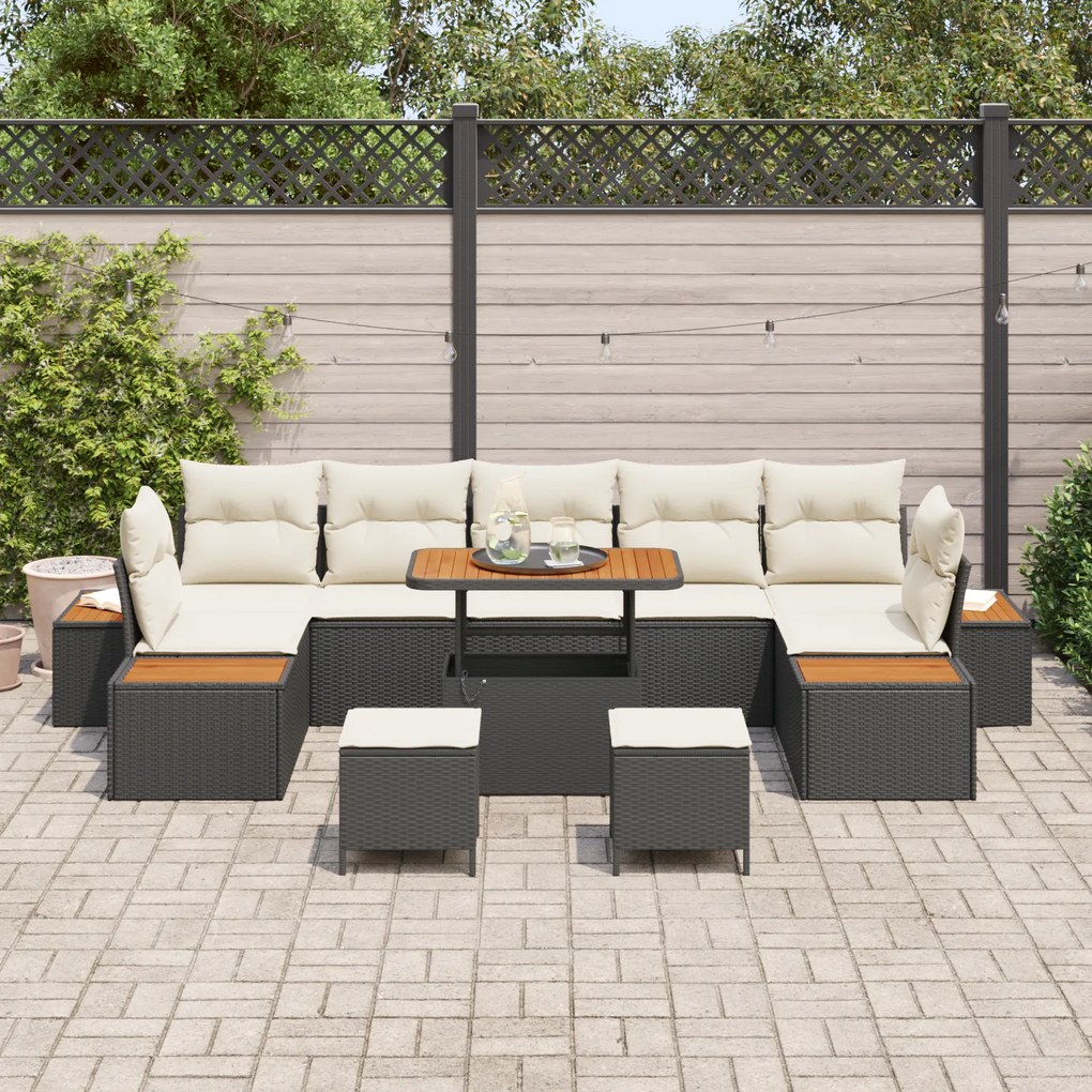 Conjunto de Sofás de Jardim com 10 Peças e Almofadas Preto Ratan de Po