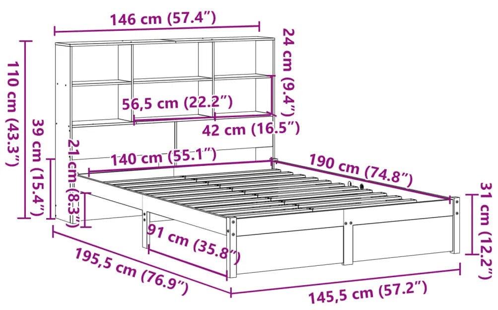 Cama com estante sem colchão 140x190 cm pinho maciço branco