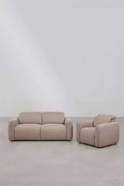 Conjunto De Sala Com Sofá Reclinável Elétrico De 2 Lugares E Poltrona Estofada Peggy Chenille Castanho Trigo - Sklum
