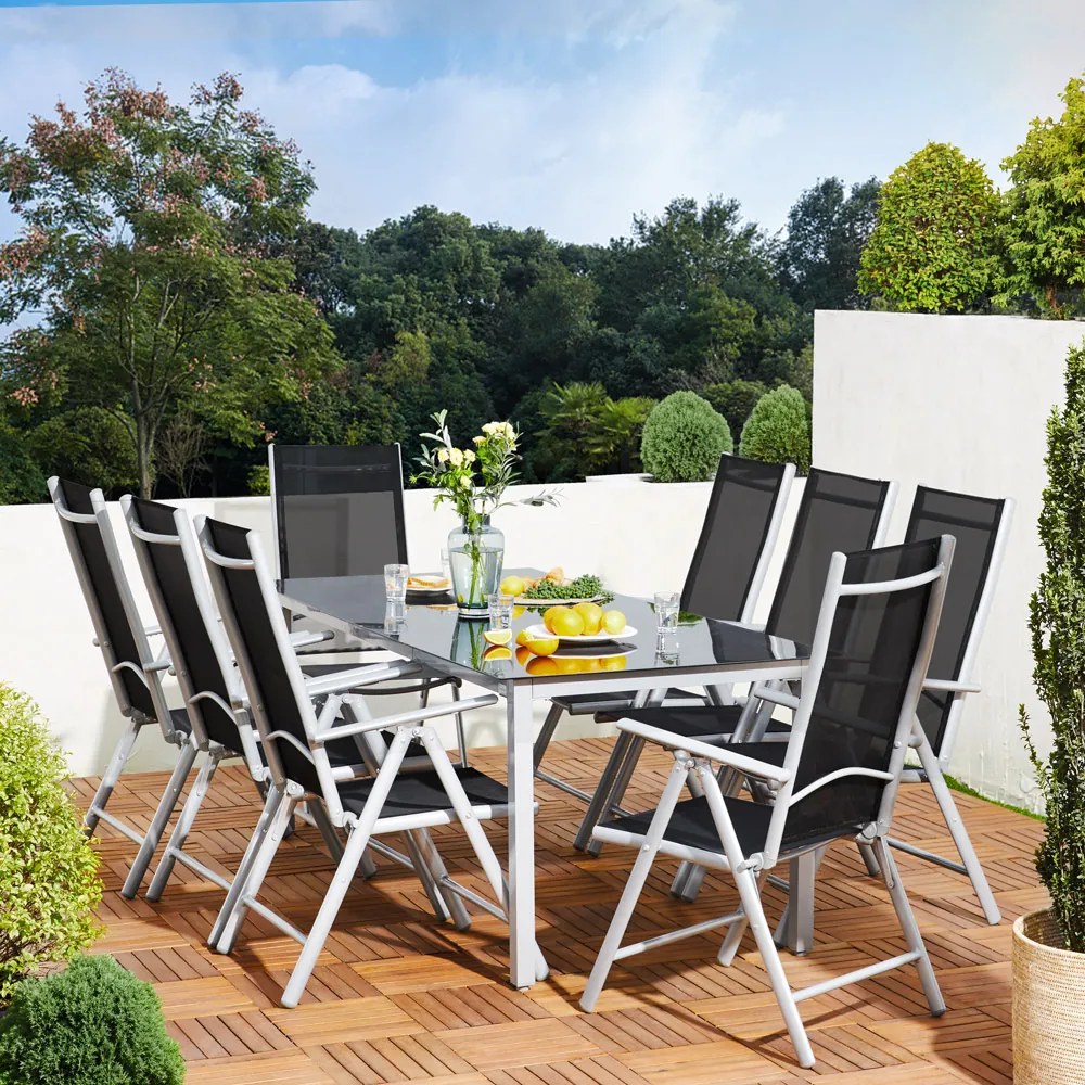 Conjunto de jardim Bern, 9 peças com 8 cadeiras e uma mesa 190 x 90 x 75 cm , alumínio prateada e preta