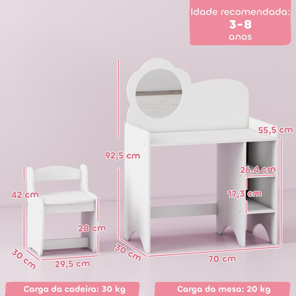 Toucador para Crianças com Banco e Espelho em Forma de Flor com Compartimentos Abertos 70x39x92,5 cm Branco
