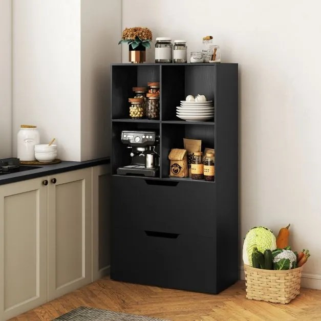 Estante com 4 cubos 70 x 33,5 x 130 cm com 2 gavetas com 5 níveis Design moderno em madeira para sala ou escritório Preto