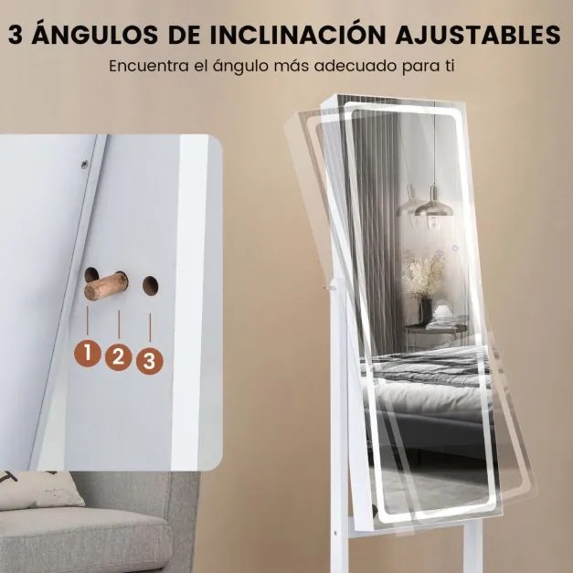 Armário para jóias com espelho de corpo inteiro iluminado com luzes LED  2 gavetas 3 ângulos ajustáveis Branco