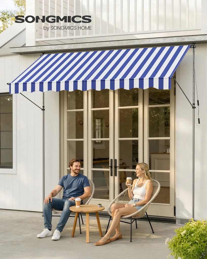 Toldo de fixação varanda 300 x 120 cm com manivela para proteção solar, azul e branco