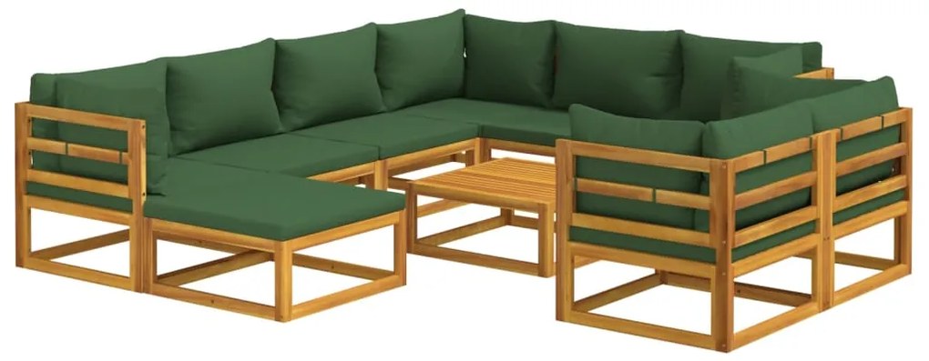 10 pcs conj. lounge jardim madeira c/almofadões verdes