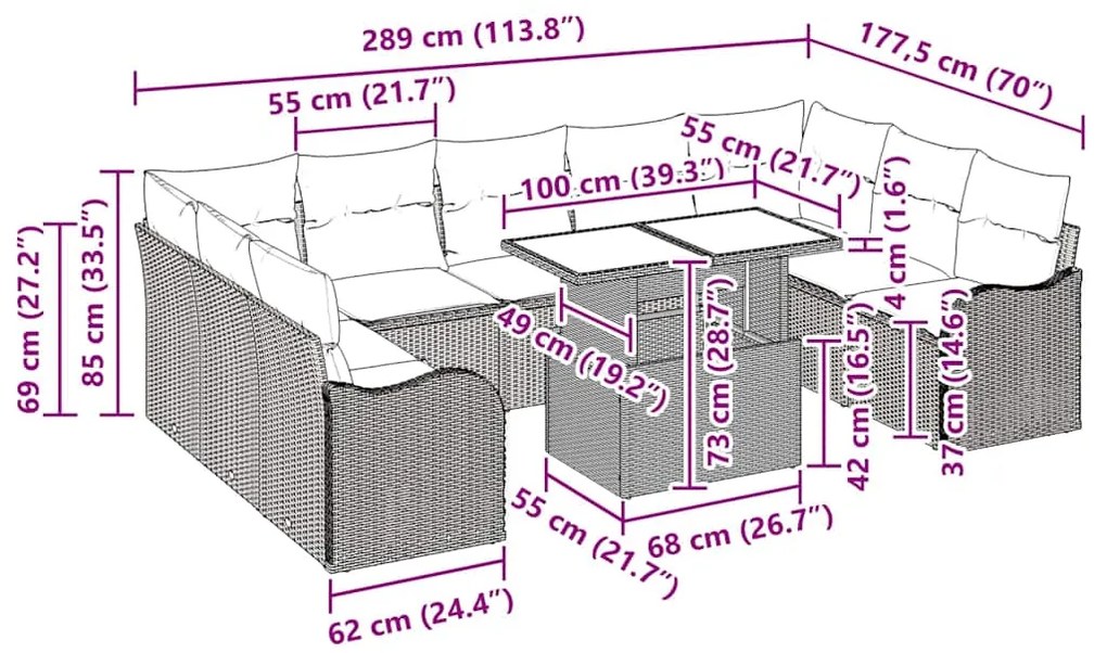 Conjunto de Sofá de Jardim com 10 Peças e Almofadas de Rattan Poliéste