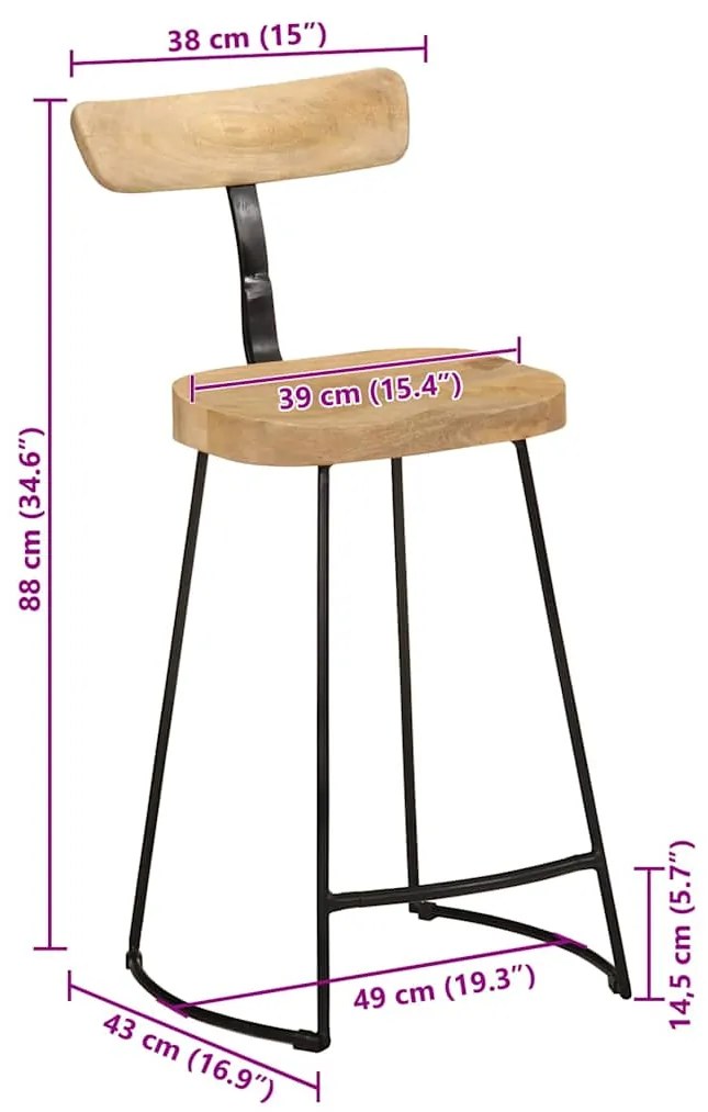 Bancos de bar 2 pcs 49x43x88 cm madeira de mangueira maciça