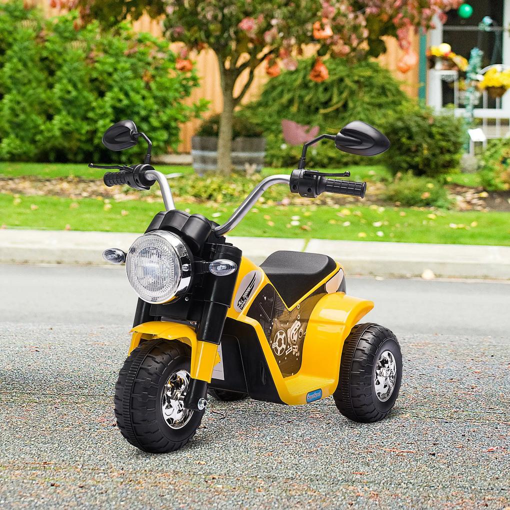 HOMCOM Motocicleta Elétrica Infantil com 3 Rodas Triciclo a Bateria 6V para Crianças de 18-36 Meses com Farol Buzina 72x57x56cm Amarelo