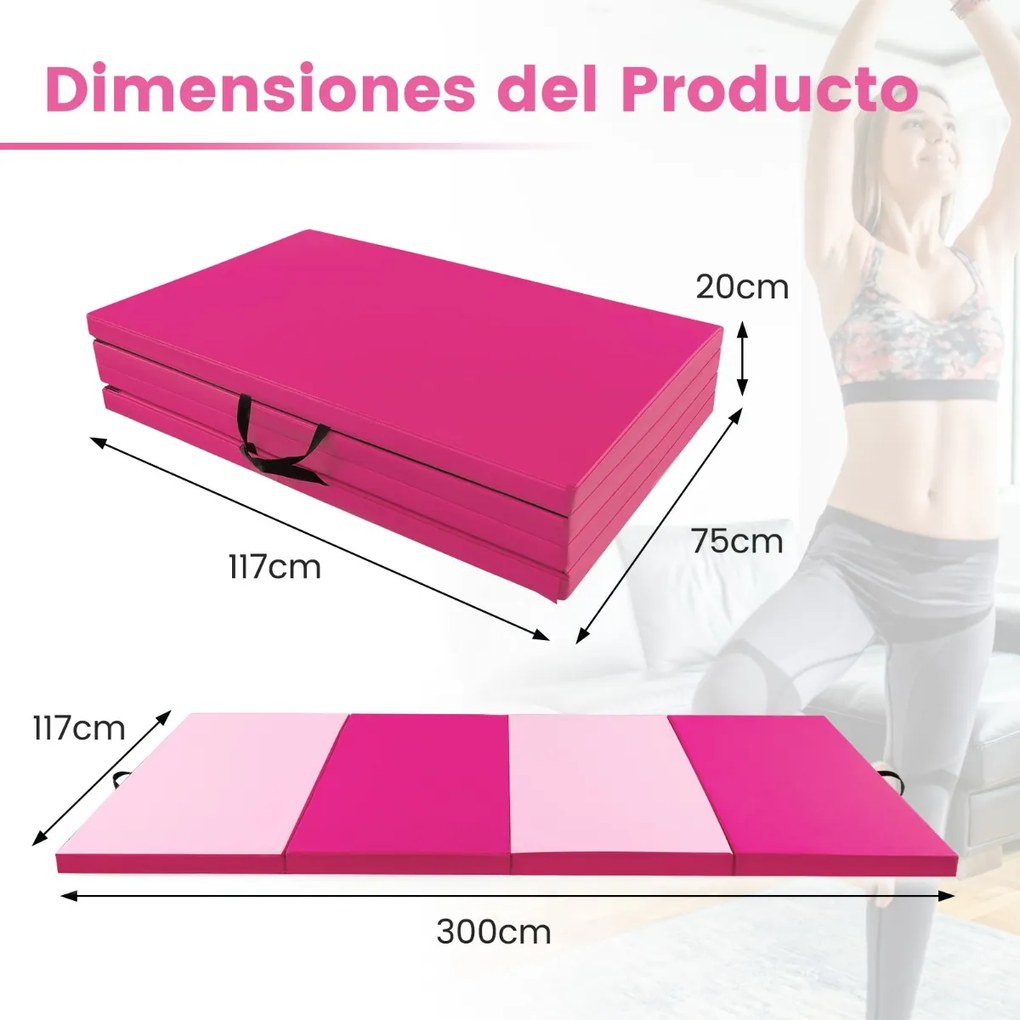 Tapete Ginástica e de exercícios 300 x 117 x 5 cm dobrável de 4 painéis com alças de transporte e Fecho Rosa escuro