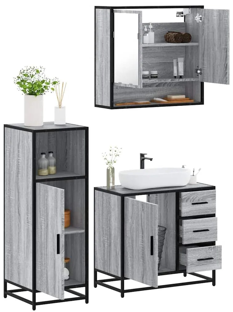 3 pcs Conjunto móveis casa de banho madeira proc. cinza sonoma