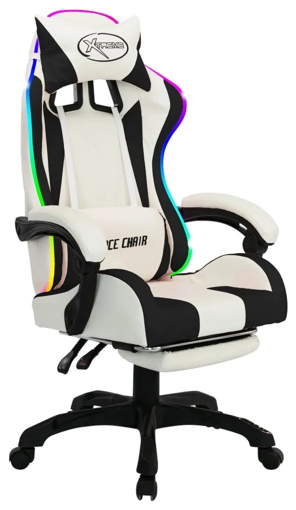 Cadeira estilo corrida luzes LED RGB couro artif. preto/branco