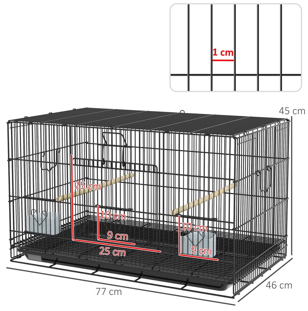 Gaiola para Pássaros 77x46x45 cm Gaiola de Metal para Pássaros com Bandeja Amovível 2 Poleiros e 2 Comedouros Preto