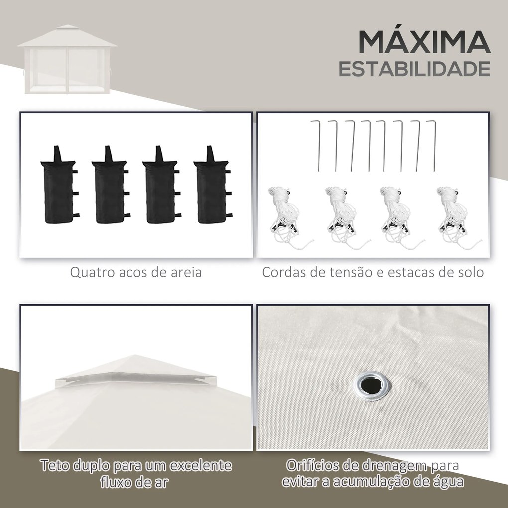 Outsunny Tenda Dobrável Pop-UP 3,92x3,92x2,83m Tenda de Jardim com Altura Ajustável Proteção UV50+ Teto Duplo Rede Mosquiteira e Bolsa de Transporte com Rodas para Festas Campismo Bege