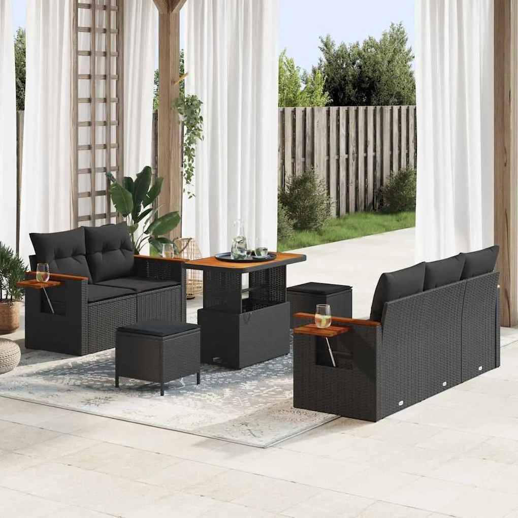 Conjunto de Sofás de Jardim de 8 Peças com Almofadas Preto Rattan Poli