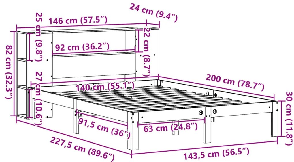 Cama com estante sem colchão 140x200 cm pinho maciço